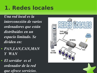 1. Redes locales
Una red local es la 
interconexión de varios 
ordenadores que están 
distribuidos en un 
espacio limitado. Se 
dividen en:
●

●

PAN,LAN,CAN,MAN 
Y  WAN
El servidor  es el 
ordenador de la red 
 
que ofrece servicios.

 

 