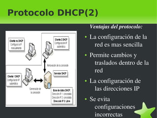 Protocolo DHCP(2)
Ventajas del protocolo:
●

●

●

●

 

 

La configuración de la 
red es mas sencilla
Permite cambios y 
traslados dentro de la 
red
La configuración de  
las direcciones IP
Se evita 
configuraciones 
incorrectas

 