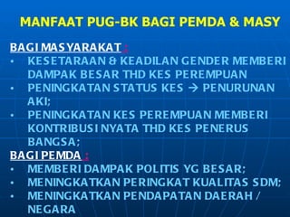 MANFAAT PUG-BK BAGI PEMDA & MASY BAGI MASYARAKAT  : KESETARAAN & KEADILAN GENDER MEMBERI DAMPAK BESAR THD KES PEREMPUAN PENINGKATAN STATUS KES    PENURUNAN AKI; PENINGKATAN KES PEREMPUAN MEMBERI KONTRIBUSI NYATA THD KES PENERUS BANGSA; BAGI PEMDA  : MEMBERI DAMPAK POLITIS YG BESAR; MENINGKATKAN PERINGKAT KUALITAS SDM; MENINGKATKAN PENDAPATAN DAERAH / NEGARA 