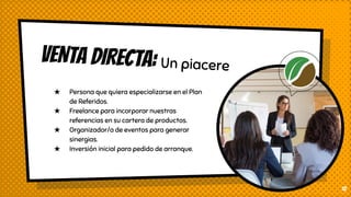 VENTA DIRECTA: Un piacere
★ Persona que quiera especializarse en el Plan
de Referidos.
★ Freelance para incorporar nuestras
referencias en su cartera de productos.
★ Organizador/a de eventos para generar
sinergias.
★ Inversión inicial para pedido de arranque.
12
 
