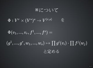 5 . 7
ˤĤƤˤĤ
 : V  (V )  Vr ? s (r,s)
(v , ..., v , f , ..., f ) =1 r
1 s
(g , ..., g , w , ..., w ) ? g (v ) ? f (w )1 r
1 s  i
i  j
j

ȶȶ
 