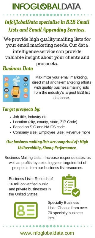 InfoGlobalData specialise in B2B Email
Lists and Email Appending Services.
We provide high quality mailing lists for
your email marketing needs. Our data
intelligence service can provide
valuable insight about your clients and
prospects.
Business Data
Maximize your email marketing,
direct mail and telemarketing efforts
with quality business mailing lists
from the industry's largest B2B list
database.
Target prospects by:
Job title, Industry etc
Location (city, county, state, ZIP Code)
Based on SIC and NAICS code
Company size, Employee Size, Revenue more
Our business mailing lists are comprised of: High
Deliverability, Strong Performance.
Business Mailing Lists ­ Increase response rates, as
well as profits, by selecting your targeted list of
prospects from our business list resources.
Business Lists: Records of
16 million verified public
and private businesses in
the United States.
Specialty Business
Lists: Choose from over
70 specialty business
lists.
www.infoglobaldata.com
 