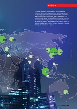РЕЙТИНГ


                                                                               Уровень зрелости инфотехнологий оценивался
                                                                               по трем основным направлениям: уровень развития
                                                                               инфраструктуры, доступность технологий и уровень
                                                                               их реального использования. Всего учитывалось 14
                                                                               показателей, среди которых были, например, объемы
                                                                               инвестиций в информационные технологии, проник-
                                                                               новение интернета, пропускная способность каналов
                                                                               связи, тарифы, доступность онлайн-сервисов (госуслу-
                                                                               ги, здравоохранение и проч.).




3                             11
    Стокгольм                      Москва




           14




                                                                                                                                                             Рейтинг подготовлен компанией Ericsson в 2010 году
                 Стамбул                                                                               10
                                                                                               Пекин
                                                                                                                     1             7
                                                                                                                          Сеул         Токио


                 19                                                                                             9
                       Каир                                        16                                               Шанхай
                                                                        Дели
                                                     24
                                            Карачи
                                                                                  22
                                                                                       Дакка

                                                              18
                                                     Мумбаи
                                                                                                                     21
                                                                                                                          Манила




                                                                                               2
                                                                                                   Сингапур



                                                                                                    20
                                                                                                         Джакарта




                23
                     Йоханнесбург



                                                                                                                                               12
                                                                                                                                                    Сидней




                                                                                                                                 ИНФОГОРОД 3
 