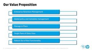 HP and Autonomy Confidential © Copyright 2012 Hewlett-Packard Development Company, L.P. The information contained herein is subject to change without notice.10
Our Value Proposition
Enterprise Retention Management
Global policy and metadata management
Manage in Place
Single Pane of Glass View
Robust Out of Box Functionality
Manage in Place
 