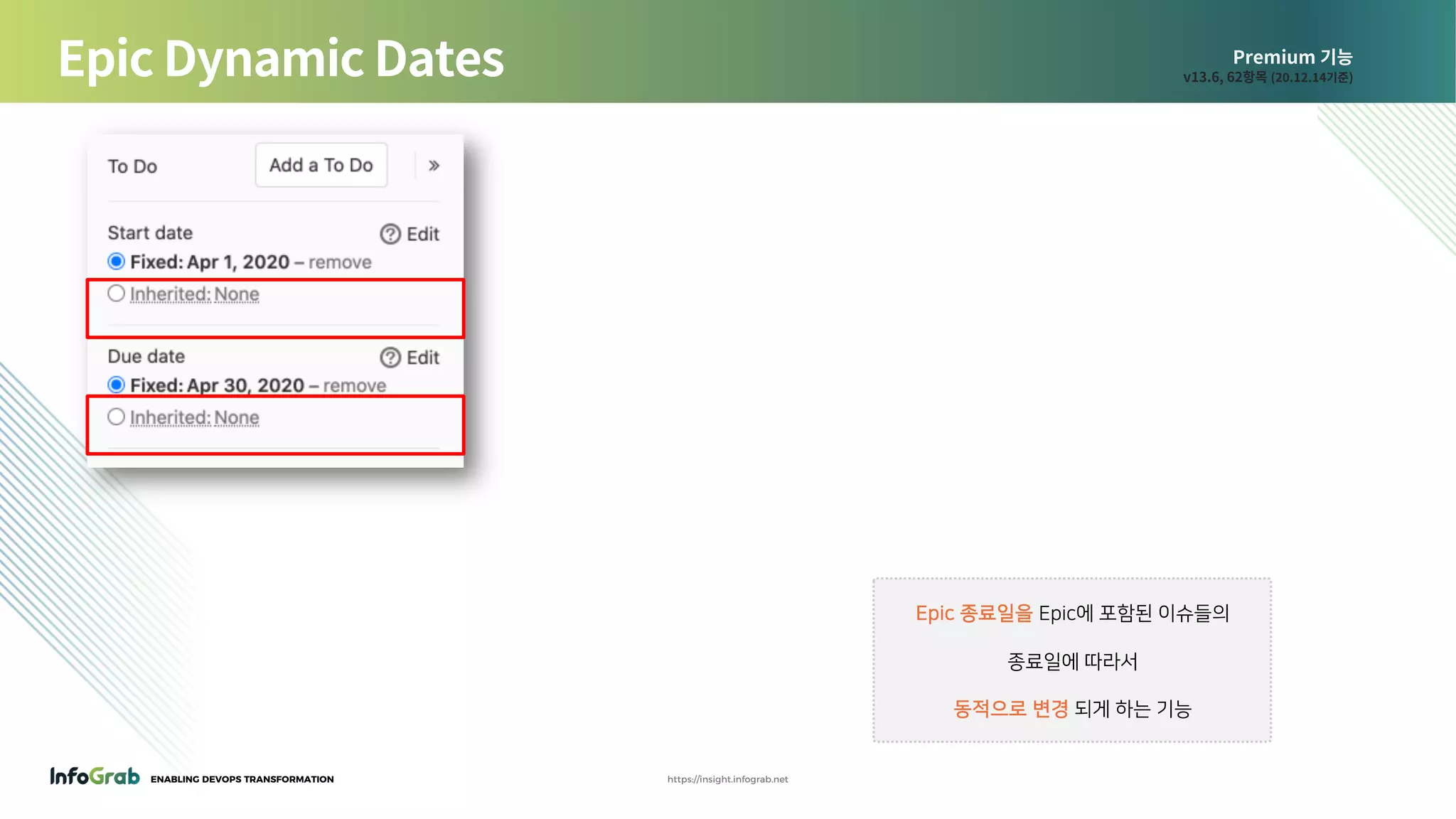 ENABLING DEVOPS TRANSFORMATION https://insight.infograb.net
Premium 기능
v13.6, 62항목 (20.12.14기준)Epic Dynamic Dates
Epic 종료일을 Epic에 포함된 이슈들의
종료일에 따라서
동적으로 변경 되게 하는 기능
 