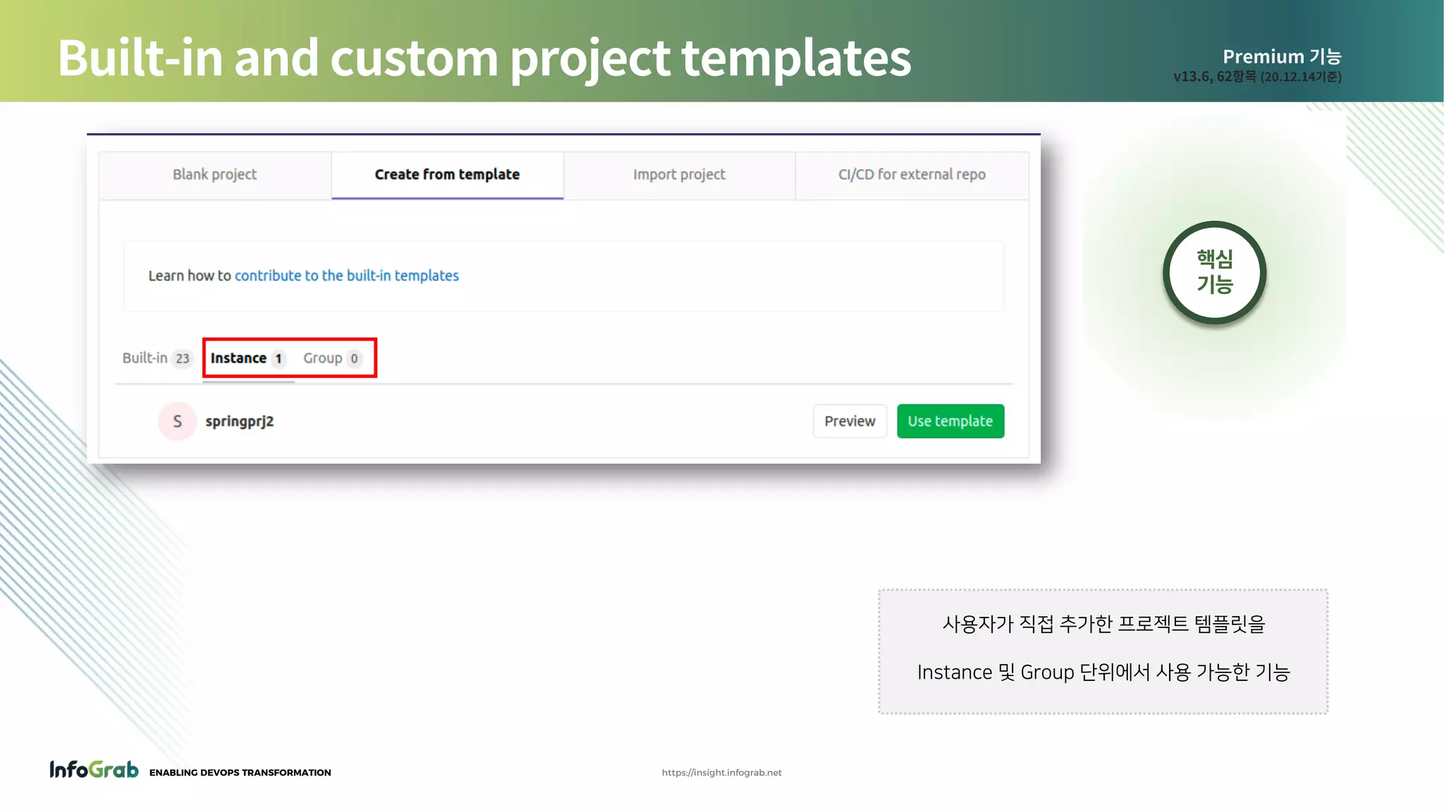 ENABLING DEVOPS TRANSFORMATION https://insight.infograb.net
Premium 기능
v13.6, 62항목 (20.12.14기준)Built-in and custom project templates
사용자가 직접 추가한 프로젝트 템플릿을
Instance 및 Group 단위에서 사용 가능한 기능
핵심
기능
 