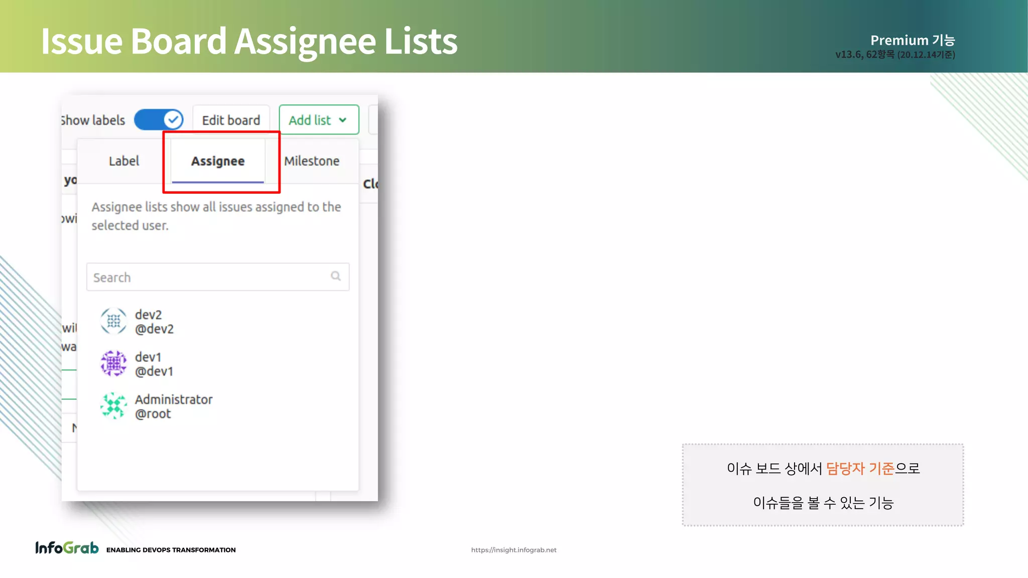 ENABLING DEVOPS TRANSFORMATION https://insight.infograb.net
Premium 기능
v13.6, 62항목 (20.12.14기준)Issue Board Assignee Lists
이슈 보드 상에서 담당자 기준으로
이슈들을 볼 수 있는 기능
 