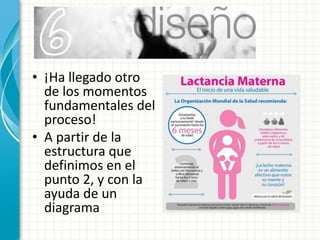 • ¡Ha llegado otro
de los momentos
fundamentales del
proceso!
• A partir de la
estructura que
definimos en el
punto 2, y con la
ayuda de un
diagrama
 