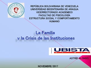 REPÚBLICA BOLIVARIANA DE VENEZUELA
UNIVERSIDAD BICENTENARIA DE ARAGUA
VICERRECTORADO ACADEMICO
FACULTAD DE PSICOLOGÍA
ESTRUCTURA SOCIAL Y COMPORTAMIENTO
HUMANO
ASTRID ALONSO.
NOVIEMBRE/2017
 