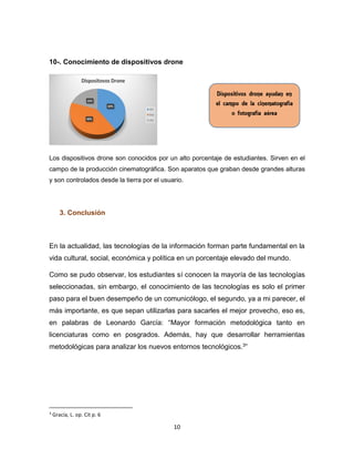 10
10-. Conocimiento de dispositivos drone
Los dispositivos drone son conocidos por un alto porcentaje de estudiantes. Sirven en el
campo de la producción cinematográfica. Son aparatos que graban desde grandes alturas
y son controlados desde la tierra por el usuario.
3. Conclusión
En la actualidad, las tecnologías de la información forman parte fundamental en la
vida cultural, social, económica y política en un porcentaje elevado del mundo.
Como se pudo observar, los estudiantes sí conocen la mayoría de las tecnologías
seleccionadas, sin embargo, el conocimiento de las tecnologías es solo el primer
paso para el buen desempeño de un comunicólogo, el segundo, ya a mi parecer, el
más importante, es que sepan utilizarlas para sacarles el mejor provecho, eso es,
en palabras de Leonardo García: “Mayor formación metodológica tanto en
licenciaturas como en posgrados. Además, hay que desarrollar herramientas
metodológicas para analizar los nuevos entornos tecnológicos.3”
3
Gracía, L. op. Cit p. 6
Dispositivos drone ayudan en
el campo de la cinematografía
o fotografía aérea
 