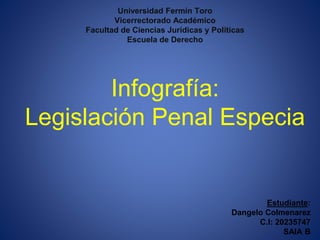 Universidad Fermín Toro
Vicerrectorado Académico
Facultad de Ciencias Jurídicas y Políticas
Escuela de Derecho
Infografía:
Legislación Penal Especia
Estudiante:
Dangelo Colmenarez
C.I: 20235747
SAIA B
 