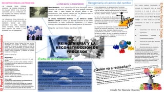 REINGENIERÍA Y LA
RECONSTRUCCION DE
PROCESOS
Reingeniería el camino del cambio
Como señaláramos, la reingeniería es “la revisión
fundamental y el rediseño radical de los procesos con
el fin de obtener mejoras espectaculares en medidas
críticas y contemporáneas de rendimiento, en términos
de costo, calidad, servicio y rapidez”.
La clave de esta revisión es el supuesto de que la
eficiencia en la ejecución de los procesos está en la
integración de procedimientos y tareas sobre la base
de nuevos principios y no en la corrección de
éstas. Daniel Morris.
La reingeniería se aparta del concepto tradicional de
mejorar los procesos existentes, y trata de llegar hasta
la raíz de las cosas, descartar las estructuras y
procedimientos existentes e inventar nuevas maneras
de hacer el trabajo, es decir, el rediseño completo de
los procesos existentes. Rediseñar es reinventar un
proceso, no mejorarlo o modificarlo.
Aun cuando estamos mencionando el
concepto de imaginación, esto ya viene
ocurriendo en el mundo al menos en los
últimos 5 años y los académicos han llamado
a este fenómeno como el “Nuevo Mundo del
Trabajo”, un nuevo mundo que se está
construyendo en base a los siguientes
postulados:
Conectividad entre miembros de la
organización
Administración orientada al
cumplimiento de objetivos
Reducción de costos fijos generales
(Overhead costs)
Beneficios laborales no monetarios
El desafío que ahora se plantea es el de
romper el esquema mental clásico y
comprender los beneficios que se obtienen en
el Nuevo Mundo del Trabajo, en el que los
empleados disponen de más libertad y tiempo
para sus propias actividades y las grandes
empresas se benefician de ahorros
significativos en costos y de la posibilidad de
gestionar el negocio con menores límites
geográficos y temporales.(HAMMER&CHAMPY) La clave del éxito está en el conocimiento y en la habilidad. Si uno conoce
las reglas y evita errores, tienen todas las posibilidades de triunfar. En la reingeniería se comenten
una y otra vez los mismos errores, de manera que lo primero que hay que hacer es reconocer esas
equivocaciones comunes y evitarlas.
El campeón ruso de ajedrez Sergei Tartakower dijo, señalando un tablero dispuesto para una
partida: “Todos los errores están allí, esperando que alguien los cometa”
La reingeniería produce tensiones en toda la empresa o negocio y prolongarla por mucho tiempo
aumenta la incomodidad para todos.
Si la reingeniería fracasa, sea cualquiera la causa inmediata, la razón subyacente se puede
encontrar invariablemente en que los altos administradores no entienden bien la reingeniería o
adolecen de falta de liderazgo. La reingeniería nace siempre en las oficinas ejecutivas. Con mucha
frecuencia también muere allí.
Pese a las posibilidades de fracaso, nos confortan los muchos casos de éxito que se han visto. Las
empresas que emprenden la reingeniería con comprensión, con compromiso y con un vigoroso
liderazgo ejecutivo seguramente triunfaran.
Los beneficios del éxito son espectaculares para la empresa individualmente, para sus gerentes y
empleados, y para la economía nacional en conjunto. Ya paso el tiempo de vacilar; ya llego la hora
de la acción.
Éxito de la Reingeniería
Michael Hammer; James Champy dice que hay tres
situaciones que impiden el rediseño a cualquier
compañía: (i) cuando no pueda cambiar su modo de
pensar acerca de la informática, (ii) cuando crea que
tecnología es lo mismo que automatización, (iii) cuando
primero busque problemas y después les busque
soluciones tecnológicas.
Es decir se piensa así:
Regla antigua:
La información puede aparecer solamente en un lugar
a la vez.
Sólo los expertos pueden realizar el trabajo complejo.
Los negocios tienen que elegir entre centralización y
descentralización.
Los gerentes toman todas las decisiones.
Tecnología destructiva:
Bases de datos compartidas.
Sistemas expertos.
Redes de telecomunicaciones.
Instrumentos de apoyo a decisiones (acceso a bases
de datos, software de modelos).
Nueva regla:
La información puede aparecer simultáneamente en
tantos lugares como sea necesario.
Un generalista puede hacer el trabajo de un experto.
Los negocios pueden obtener simultáneamente los
beneficios de la centralización y dela descentralización.
La toma de decisiones es parte del oficio de todos.
ElPapelCapacitadordelaInformática
ElNuevoMundodelTrabajowww.proyectoayudaempresa.com
Los procesos tienen múltiples
versiones, las múltiples versiones de
los procesos debido a los mercados
cambiantes cada una centralizada con
los requisitos de diversos mercados,
situaciones o insumos.
Los trabajadores toman decisiones, ya
que se convierte en parte de su trabajo
realizando labores que antes
ejecutaban sus jefes, reduciendo
costos indirectos, menos demoras,
mejor reacción del cliente y más
facultades para los trabajadores.
RECONTRUCCIÓN DE LOS PROCESOS:
LA CRISIS QUE NO VA A DESAPARECER:
CRISIS MUNDIAL: Es la sobreproducción de las mercancías, dada la
necesidad del productor de amasar una gran ganancia vendiendo
cientos, miles y hasta millones de artículos, debido a que,
individualmente, cada producto reporta una fina ganancia pues la
plusvalía generada es mucho menor cada vez.
LA CRISIS FINANCIERA MUNDIAL Y SU IMPACTO SOBRE
AMÉRICA LATINA: El crédito y la actividad productiva de los países
industrializados se están contrayendo rápidamente y el sistema
financiero sigue descapitalizado de los canales externos de transmisión.
Bibliografía: José Antonio Ocampo José Antonio (2008)
Creado Por: Marcela Cifuentes
 