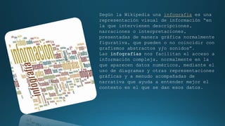 Según la Wikipedia una infografía es una 
representación visual de información “en 
la que intervienen descripciones, 
narraciones o interpretaciones, 
presentadas de manera gráfica normalmente 
figurativa, que pueden o no coincidir con 
grafismos abstractos y/o sonidos”. 
Las infografías nos facilitan el acceso a 
información compleja, normalmente en la 
que aparecen datos numéricos, mediante el 
uso de diagramas y otras representaciones 
gráficas y a menudo acompañadas de 
narrativa que ayuda a entender mejor el 
contexto en el que se dan esos datos. 
 