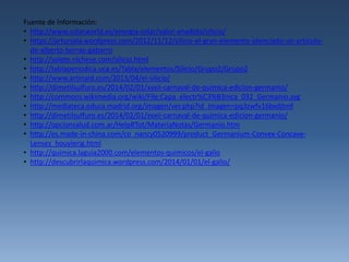 Fuente de Información: 
• http://www.solarworld.es/energia-solar/valor-anadido/silicio/ 
• https://artursala.wordpress.com/2012/11/12/silicio-el-gran-elemento-silenciado-un-articulo-de- 
alberto-borras-gabarro 
• http://solete.nichese.com/silicio.html 
• http://tablaperiodica.uca.es/Tabla/elementos/Silicio/Grupo2/Grupo2 
• http://www.artinaid.com/2013/04/el-silicio/ 
• http://dimetilsulfuro.es/2014/02/01/xxxii-carnaval-de-quimica-edicion-germanio/ 
• http://commons.wikimedia.org/wiki/File:Capa_electr%C3%B3nica_032_Germanio.svg 
• http://mediateca.educa.madrid.org/imagen/ver.php?id_imagen=pq3zwfv16bxdjtmf 
• http://dimetilsulfuro.es/2014/02/01/xxxii-carnaval-de-quimica-edicion-germanio/ 
• http://opcionsalud.com.ar/HelpRTot/MateriaNotas/Germanio.htm 
• http://es.made-in-china.com/co_nancy0520999/product_Germanium-Convex-Concave- 
Lenses_houyierig.html 
• http://quimica.laguia2000.com/elementos-quimicos/el-galio 
• http://descubrirlaquimica.wordpress.com/2014/01/01/el-galio/ 
