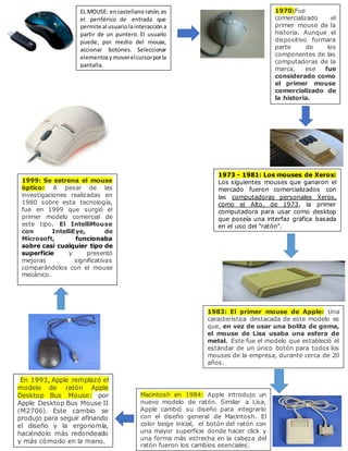 EL MOUSE: encastellano ratón,es
el periférico de entrada que
permite al usuariolainteracción a
partir de un puntero. El usuario
puede, por medio del mouse,
accionar botones. Seleccionar
elementosymoverelcursorporla
pantalla.
1970:Fue
comercializado el
primer mouse de la
historia. Aunque el
dispositivo formara
parte de los
componentes de las
computadoras de la
marca, ese fue
considerado como
el primer mouse
comercializado de
la historia.
1973 - 1981: Los mouses de Xerox:
Los siguientes mouses que ganaron el
mercado fueron comercializados con
las computadoras personales Xerox,
como el Alto, de 1973, la primer
computadora para usar como desktop
que poseía una interfaz gráfica basada
en el uso del "ratón".
1983: El primer mouse de Apple: Una
característica destacada de este modelo es
que, en vez de usar una bolita de goma,
el mouse de Lisa usaba una esfera de
metal. Este fue el modelo que estableció el
estándar de un único botón para todos los
mouses de la empresa, durante cerca de 20
años.
Macintosh en 1984: Apple introdujo un
nuevo modelo de ratón. Similar a Lisa,
Apple cambió su diseño para integrarlo
con el diseño general de Macintosh. El
color beige inicial, el botón del ratón con
una mayor superficie donde hacer click y
una forma más estrecha en la cabeza del
ratón fueron los cambios esenciales.
En 1993, Apple remplazó el
modelo de ratón Apple
Desktop Bus Mouse: por
Apple Desktop Bus Mouse II
(M2706). Este cambio se
produjo para seguir afinando
el diseño y la ergonomía,
haciéndolo más redondeado
y más cómodo en la mano.
1999: Se estrena el mouse
óptico: A pesar de las
investigaciones realizadas en
1980 sobre esta tecnología,
fue en 1999 que surgió el
primer modelo comercial de
este tipo. El IntelliMouse
con IntelliEye, de
Microsoft, funcionaba
sobre casi cualquier tipo de
superficie y presentó
mejoras significativas
comparándolos con el mouse
mecánico.
 