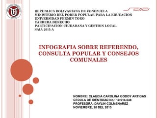 REPUBLICA BOLIVARIANA DE VENEZUELA
MINISTERIO DEL PODER POPULAR PARA LA EDUCACION
UNIVERSIDAD FERMIN TORO
CARRERA DERECHO
PARTICIPACION CIUDADANA Y GESTION LOCAL
SAIA 2015 A
INFOGRAFIA SOBRE REFERENDO,
CONSULTA POPULAR Y CONSEJOS
COMUNALES
NOMBRE: CLAUDIA CAROLINA GODOY ARTIGAS
CEDULA DE IDENTIDAD No.: 10.914.648
PROFESORA: DAYLIN COLMENAREZ
NOVIEMBRE, 20 DEL 2015
 
