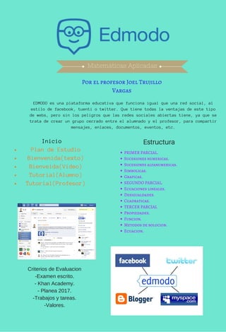 Matemáticas Aplicadas
Por el profesor Joel Trujillo
Vargas
EDMODO es una plataforma educativa que funciona igual que una red social, al
estilo de facebook, tuenti o twitter. Que tiene todas la ventajas de este tipo
de webs, pero sin los peligros que las redes sociales abiertas tiene, ya que se
trata de crear un grupo cerrado entre el alumnado y el profesor, para compartir
mensajes, enlaces, documentos, eventos, etc.
Criterios de Evaluacion
-Examen escrito.
- Khan Academy.
- Planea 2017.
-Trabajos y tareas.
-Valores.
Inicio
Plan de Estudio
Bienvenida(texto)
Bienveida(Video)
Tutorial(Alumno)
Tutorial(Profesor)
Estructura
PRIMER PARCIAL.
Sucesiones numericas.
Sucesiones alfanumericas.
Simbolicas.
Graficas.
SEGUNDO PARCIAL.
Ecuaciones lineales.
Desigualdades.
Cuadraticas.
TERCER PARCIAL
Propiedades.
Funcion.
Metodos de solucion.
Ecuacion.