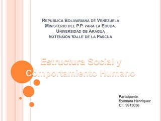 REPUBLICA BOLIVARIANA DE VENEZUELA
MINISTERIO DEL P.P. PARA LA EDUCA.
UNIVERSIDAD DE ARAGUA
EXTENSIÓN VALLE DE LA PASCUA
Participante:
Syomara Henríquez
C.I: 9913036
 