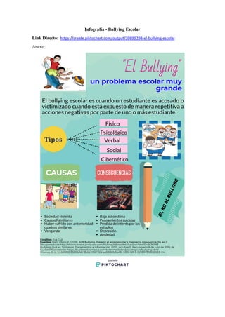 Infografía - Bullying Escolar
Link Directo: https://create.piktochart.com/output/39899298-el-bullying-escolar
Anexo:
 