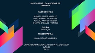 INFOGRAFIAS LOCALIZADOR DE
OBJETOS
PARTICIPANTES
ANDRES FELIPE MURILLO
DANY MAYERLY CABRERA
ALVARO ANDRES RIVERA
BRAYAM STEEVEL RAMIREZ
GRUPO
207101_24
PRESENTADO A
JUAN CARLOS MORALES
UNIVERSIDAD NACIONAL ABIERTA Y A DISTANCIA
(UNAD)
2019
 