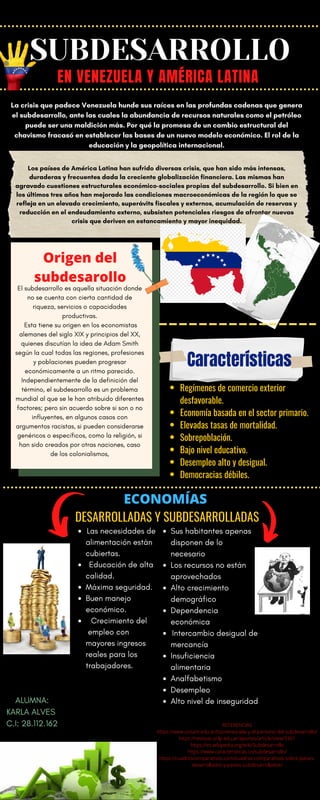SUBDESARROLLO
EN VENEZUELA Y AMÉRICA LATINA
La crisis que padece Venezuela hunde sus raíces en las profundas cadenas que genera
el subdesarrollo, ante las cuales la abundancia de recursos naturales como el petróleo
puede ser una maldición más. Por qué la promesa de un cambio estructural del
chavismo fracasó en establecer las bases de un nuevo modelo económico. El rol de la
educación y la geopolítica internacional.


Los países de América Latina han sufrido diversas crisis, que han sido más intensas,
duraderas y frecuentes dada la creciente globalización financiera. Las mismas han
agravado cuestiones estructurales económico-sociales propias del subdesarrollo. Si bien en
los últimos tres años han mejorado las condiciones macroeconómicas de la región lo que se
refleja en un elevado crecimiento, superávits fiscales y externos, acumulación de reservas y
reducción en el endeudamiento externo, subsisten potenciales riesgos de afrontar nuevas
crisis que deriven en estancamiento y mayor inequidad.
Origen del
subdesarollo
El subdesarrollo es aquella situación donde
no se cuenta con cierta cantidad de
riqueza, servicios o capacidades
productivas.
Esta tiene su origen en los economistas
alemanes del siglo XIX y principios del XX,
quienes discutían la idea de Adam Smith
según la cual todas las regiones, profesiones
y poblaciones pueden progresar
económicamente a un ritmo parecido.
Independientemente de la definición del
término, el subdesarrollo es un problema
mundial al que se le han atribuido diferentes
factores; pero sin acuerdo sobre si son o no
influyentes, en algunos casos con
argumentos racistas, si pueden considerarse
genéricos o específicos, como la religión, si
han sido creados por otras naciones, caso
de los colonialismos,


Características
Regímenes de comercio exterior
desfavorable.
Economía basada en el sector primario.
Elevadas tasas de mortalidad.
Sobrepoblación.
Bajo nivel educativo.
Desempleo alto y desigual.
Democracias débiles.
ECONOMÍAS
DESARROLLADAS Y SUBDESARROLLADAS
Las necesidades de
alimentación están
cubiertas.
Educación de alta
calidad.
Máxima seguridad.
Buen manejo
económico.
Crecimiento del
empleo con
mayores ingresos
reales para los
trabajadores.
Sus habitantes apenas
disponen de lo
necesario
Los recursos no están
aprovechados
Alto crecimiento
demográfico
Dependencia
económica
Intercambio desigual de
mercancía
Insuficiencia
alimentaria
Analfabetismo
Desempleo
Alto nivel de inseguridad
REFERENCIAS
https://www.unsam.edu.ar/tss/venezuela-y-el-pantano-del-subdesarrollo/
https://revistas.unlp.edu.ar/aportes/article/view/3301
https://es.wikipedia.org/wiki/Subdesarrollo
https://www.caracteristicas.co/subdesarrollo/
https://cuadroscomparativos.com/cuadros-comparativos-sobre-paises-
desarrollados-y-paises-subdesarrollados/




ALUMNA:
KARLA ALVES
C.I: 28.112.162
 