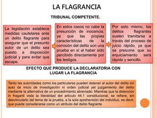 La legislación establece
medidas cautelares ante
un delito flagrante para
asegurar que el presunto
autor de un delito sea
puesto a disposición
judicial y para evitar que
escape.
LA FLAGRANCIA
TRIBUNAL COMPETENTE.
Tanto las autoridades como los particulares pueden detener al autor del delito sin
auto de inicio de investigación ni orden judicial yel juzgamiento del delito
mediante la alternativa de un procedimiento abreviado. Mientras que la detención
in fraganti vista la literalidad del articulo 44.1 constitucional, se refiere, sin
desvincularlo del tema de la prueba, a la sola aprehensión del individuo, es decir,
que puede considerarse como un atributo del delito flagrante
Por esto mismo, los
delitos flagrantes
suelen tramitarse a
través del proceso de
juicio rápido, ya que
se presume que su
enjuiciamiento será
rápido y sencillo.
En estos casos no cabe la
presunción de inocencia,
ya que las propias
características de la
comisión del delito son una
prueba en sí al haber sido
percibido directamente por
los testigos.
EFECTO QUE PRODUCE LA DECLARATORIA CON
LUGAR LA FLAGRANCIA
 