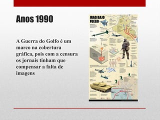 Anos 1990 
A Guerra do Golfo é um marco na cobertura gráfica, pois com a censura os jornais tinham que compensar a falta de imagens  