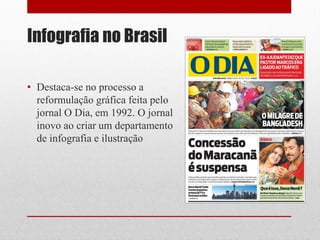 Infografia no Brasil 
•Destaca-se no processo a reformulação gráfica feita pelo jornal O Dia, em 1992. O jornal inovo ao criar um departamento de infografia e ilustração  