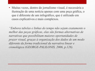 •Muitas vezes, dentro do jornalismo visual, é necessária a ilustração de uma notícia apenas com uma peça gráfica, o que é diferente de um infográfico, que é utilizado em casos explicativos e mais complexos.
“Embora tabelas e linhas do tempo não sejam exatamente o melhor das peças gráficas, elas são formas alternativas de narrativas que possibilitam maiores oportunidades de prazer visual, graças à organização dos dados de um modo diferente da forma tradicional da narrativa linear e cronológica (GEORGE-PALILONIS, 2006, p.128).