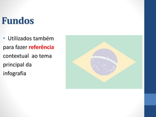 Fundos 
•Utilizados também 
para fazer referência 
contextual ao tema 
principal da 
infografia  