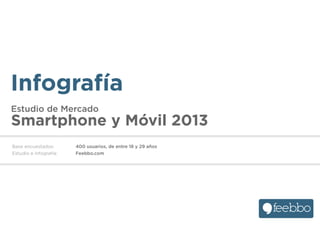 Estudio de Mercado
Smartphone y Móvil 2013
Base encuestados:
Estudio e infografía:
400 usuarios, de entre 18 y 29 años
Feebbo.com
Infografía
 