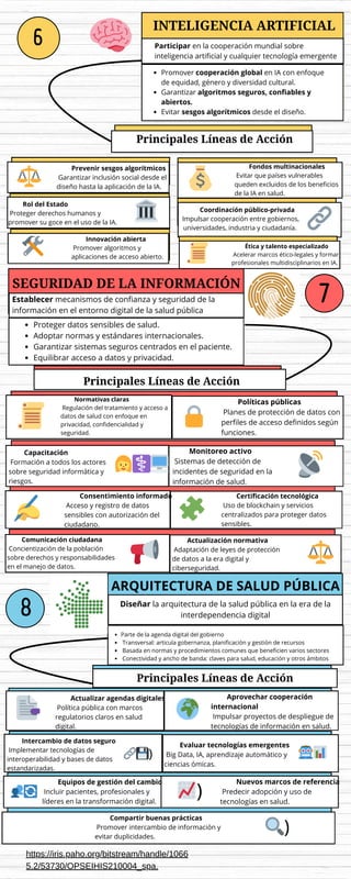 Diseñar la arquitectura de la salud pública en la era de la
interdependencia digital
7
8
INTELIGENCIA ARTIFICIAL
Participar en la cooperación mundial sobre
inteligencia artificial y cualquier tecnología emergente
Promover cooperación global en IA con enfoque
de equidad, género y diversidad cultural.
Garantizar algoritmos seguros, confiables y
abiertos.
Evitar sesgos algorítmicos desde el diseño.
Principales Líneas de Acción
🧠
6
1️⃣ Prevenir sesgos algorítmicos
Garantizar inclusión social desde el
diseño hasta la aplicación de la IA.
2️⃣ Fondos multinacionales
Evitar que países vulnerables
queden excluidos de los beneficios
de la IA en salud.
3️⃣ Rol del Estado
Proteger derechos humanos y
promover su goce en el uso de la IA.
4️⃣ Coordinación público-privada
Impulsar cooperación entre gobiernos,
universidades, industria y ciudadanía.
5️⃣ Innovación abierta
Promover algoritmos y
aplicaciones de acceso abierto.
6️⃣ Ética y talento especializado
Acelerar marcos ético-legales y formar
profesionales multidisciplinarios en IA.
⚖️ 💰
🏛️ 🔗
🛠️ 📜
SEGURIDAD DE LA INFORMACIÓN
Establecer mecanismos de confianza y seguridad de la
información en el entorno digital de la salud pública
Proteger datos sensibles de salud.
Adoptar normas y estándares internacionales.
Garantizar sistemas seguros centrados en el paciente.
Equilibrar acceso a datos y privacidad.
Principales Líneas de Acción
1️⃣ Normativas claras
Regulación del tratamiento y acceso a
datos de salud con enfoque en
privacidad, confidencialidad y
seguridad.
2️⃣ Políticas públicas
Planes de protección de datos con
perfiles de acceso definidos según
funciones.
3️⃣ Capacitación
Formación a todos los actores
sobre seguridad informática y
riesgos.
4️⃣ Monitoreo activo
Sistemas de detección de
incidentes de seguridad en la
información de salud.
5️⃣ Consentimiento informado
Acceso y registro de datos
sensibles con autorización del
ciudadano.
6️⃣ Certificación tecnológica
Uso de blockchain y servicios
centralizados para proteger datos
sensibles.
7️⃣ Comunicación ciudadana
Concientización de la población
sobre derechos y responsabilidades
en el manejo de datos.
8️⃣ Actualización normativa
Adaptación de leyes de protección
de datos a la era digital y
ciberseguridad.
📜 🔒
👩‍⚕️🖥️ 📡
✍️ 🧩
📢 ⚖️
ARQUITECTURA DE SALUD PÚBLICA
Parte de la agenda digital del gobierno
Transversal: articula gobernanza, planificación y gestión de recursos
Basada en normas y procedimientos comunes que beneficien varios sectores
Conectividad y ancho de banda: claves para salud, educación y otros ámbitos
Principales Líneas de Acción
1️⃣ Actualizar agendas digitales
Política pública con marcos
regulatorios claros en salud
digital.
2️⃣ Aprovechar cooperación
internacional
Impulsar proyectos de despliegue de
tecnologías de información en salud.
3️⃣ Intercambio de datos seguro
Implementar tecnologías de
interoperabilidad y bases de datos
estandarizadas.
4️⃣ Evaluar tecnologías emergentes
Big Data, IA, aprendizaje automático y
ciencias ómicas.
5️⃣ Equipos de gestión del cambio
Incluir pacientes, profesionales y
líderes en la transformación digital.
6️⃣ Nuevos marcos de referencia
Predecir adopción y uso de
tecnologías en salud.
7️⃣ Compartir buenas prácticas
Promover intercambio de información y
evitar duplicidades.
🔍)
📈)
👥🔄
🤖📊
🔗💾)
🌍
📑
https://iris.paho.org/bitstream/handle/1066
5.2/53730/OPSEIHIS210004_spa.
 