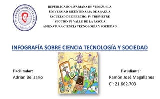 REPÚBLICA BOLIVARIANA DE VENEZUELA
UNIVERSIAD BICENTENARIA DE ARAGUA
FACULTAD DE DERECHO. IV TRISMETRE
SECCIÓN P1 VALLE DE LA PASCUA
ASIGNATURA CIENCIA TECNOLOGÍA Y SOCIEDAD
INFOGRAFÍA SOBRE CIENCIA TECNOLOGÍA Y SOCIEDAD
Facilitador: Estudiante:
Adrian Belisario Ramón José Magallanes
Ci: 21.662.703
 