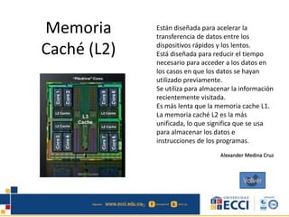 Memoria
Caché (L2)
Están diseñada para acelerar la
transferencia de datos entre los
dispositivos rápidos y los lentos.
Está diseñada para reducir el tiempo
necesario para acceder a los datos en
los casos en que los datos se hayan
utilizado previamente.
Se utiliza para almacenar la información
recientemente visitada.
Es más lenta que la memoria cache L1.
La memoria caché L2 es la más
unificada, lo que significa que se usa
para almacenar los datos e
instrucciones de los programas.
Alexander Medina Cruz
Volver
 