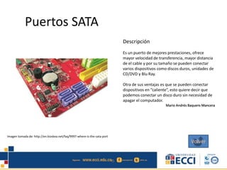 Puertos SATA
Descripción
Es un puerto de mejores prestaciones, ofrece
mayor velocidad de transferencia, mayor distancia
de el cable y por su tamaño se pueden conectar
varios dispositivos como discos duros, unidades de
CD/DVD y Blu Ray.
Otra de sus ventajas es que se pueden conectar
dispositivos en “caliente”, esto quiere decir que
podemos conectar un disco duro sin necesidad de
apagar el computador.
Mario Andrés Baquero Mancera
Imagen tomada de: http://en.kioskea.net/faq/9997-where-is-the-sata-port
Volver
 