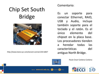 Chip Set South
Bridge
Comentario:
Es un soporte para
conectar Ethernet, RAID,
USB y Audio, incluye
también soporte para el
teclado y el ratón. Es el
único elemento del
chipset en la placa base.
Los procesadores tienden
a heredar todas las
características del
antiguo North Bridge.
Paulo Cesar Cardona Cardona
http://www.toxico-pc.com/asrock-conroe1333-d667
Volver
 