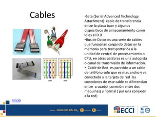 Cables •Sata (Serial Advenced Technology 
Attachment) cable de transferencia 
entre la placa base y algunos 
dispositivos de almacenamiento como 
lo es el D.D 
•Bus de Datos es una serie de cables 
que funcionan cargando datos en la 
memoria para transportarlos a la 
unidad de central de procesamiento o 
CPU, en otras palabras es una autopista 
o canal de transmisión de información. 
• Cable de Red es parecido a un cable 
de teléfono solo que es mas ancho y va 
conectado a la tarjeta de red las 
conexiones de este cable se diferencian 
entre cruzado( conexión entre dos 
maquinas) y normal ( par una conexión 
a la red) 
Inicio 
 