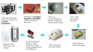 Diseñado por Douglas
Engelbart y Bill English
1964, en Stanford
Research
1952: Nace el primer
trackball, creado por
la Marina
Canadiense
1970: Fue
comercializado el
primer modelo de
mouse de la historia.
1973 - 1981:
Los mouses
de Xerox
1983: El primer
mouse de Apple1999: Se estrena
el mouse óptico
En 1999, Microsoft
daba un salto
evolutivo en este
invento presentando
el IntelliMouse
El primer ratón
Multi-Touch del
mundo.