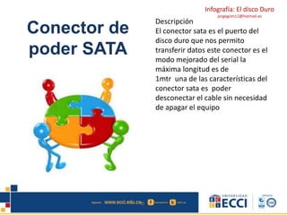 Infografía: El disco Duro 
jorgegom11@hotmail.es 
Conector de 
poder SATA 
Descripción 
El conector sata es el puerto del 
disco duro que nos permito 
transferir datos este conector es el 
modo mejorado del serial la 
máxima longitud es de 
1mtr una de las características del 
conector sata es poder 
desconectar el cable sin necesidad 
de apagar el equipo 
 