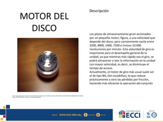 MOTOR DEL
DISCO
Descripción
Los platos de almacenamiento giran accionados
por un pequeño motor, figura, a una velocidad que
depende del disco, pero comúnmente oscila entre
3200, 4800, 5400, 7200 e incluso 10.000
revoluciones por minuto. Esta velocidad de giro es
importante para el desempeño general de la
unidad, ya que mientras más rápido sea el giro, se
podrá almacenar o leer la información en la unidad
con mayor velocidad, es decir, se disminuye el
tiempo de acceso.
Actualmente, el motor de giro más usual suele ser
el de tipo BSL (Sin escobillas), lo que reduce
prácticamente a cero las pérdidas por fricción,
haciendo más eficiente la operación del conjunto
https://www.google.com.co/search?q=motor+del+disco+duro&source=lnms&tbm=isch&sa=X&ved=0CAcQ_AUoAWoVChMIodns8fqJyQIVwUImCh0e0Ae-
&biw=1707&bih=807&dpr=0.6#imgrc=sSPHFSVqplH0DM%3A
 