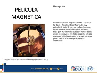 PELICULA
MAGNETICA
Descripción
Es el recubrimiento magnético donde se escriben
los datos . Actualmente son fabricadas muy
delgadas de oxido de hierro la cual en el proceso
de ensamble se adhiere a el cuerpo del plato.
Es de gran importancia el cuidado y manejo de los
discos puesto que en modo de reposo las cabezas
descansan sobre los platos sin rayarlos y una caída
podría afectar de manera permanente la
información
http://files.informatik2011.webnode.es/200000054-0de370edd6/disco-duro.jpg
 