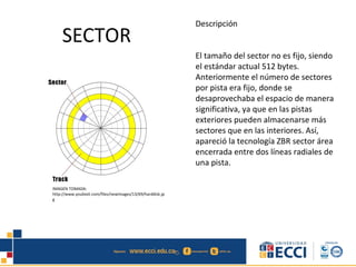 SECTOR
Descripción
El tamaño del sector no es fijo, siendo
el estándar actual 512 bytes.
Anteriormente el número de sectores
por pista era fijo, donde se
desaprovechaba el espacio de manera
significativa, ya que en las pistas
exteriores pueden almacenarse más
sectores que en las interiores. Así,
apareció la tecnología ZBR sector área
encerrada entre dos líneas radiales de
una pista.
IMAGEN TOMADA:
http://www.youbioit.com/files/newimages/13/69/harddisk.jp
g
 