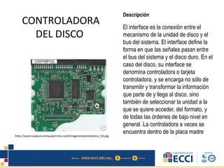CONTROLADORA
DEL DISCO
Descripción
El interface es la conexión entre el
mecanismo de la unidad de disco y el
bus del sistema. El interface define la
forma en que las señales pasan entre
el bus del sistema y el disco duro. En el
caso del disco, su interface se
denomina controladora o tarjeta
controladora, y se encarga no sólo de
transmitir y transformar la información
que parte de y llega al disco, sino
también de seleccionar la unidad a la
que se quiere acceder, del formato, y
de todas las órdenes de bajo nivel en
general. La controladora a veces se
encuentra dentro de la placa madre
http://quercusplace.enriquejorreto.com/imagenes/posts/placa_hd.jpg
 
