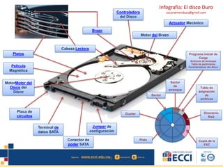 Infografía: El disco Duro 
oscarwmendoza@gmail.com 
Brazo 
Actuador Mecánico 
Cabeza Lectora 
Platos Programa inicial de 
Película 
Magnética 
Controladora 
del Disco 
Placa de 
circuitos 
Terminal de 
datos SATA 
Conector de 
poder SATA 
Jumper de 
configuración 
Motor del Brazo 
MotorMotor del 
Disco del 
Disco 
Carga 
Archivos de Arranque 
Tabla de particiones 
Características del disco 
Sector 
Sector 
de 
arranque 
Tabla de 
asignación 
de 
archivos 
Directorio 
Raíz 
Copia de la 
FAT 
Pista 
Cluster 
 