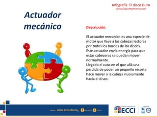 Infografía: El disco Duro 
Daniarango1996@hotmail.com 
Actuador 
mecánico Descripción: 
El actuador mecánico es una especie de 
motor que lleva a las cabezas lectoras 
por todos los bordes de los discos. 
Este actuador envía energía para que 
estas cabeceras se puedan mover 
normalmente. 
Llegado el caso en el que allá una 
perdida de poder un pequeño resorte 
hace mover a la cabeza nuevamente 
hacia el disco. 
 
