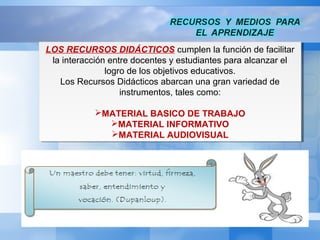 LOS RECURSOS DIDÁCTICOS cumplen la función de facilitar
la interacción entre docentes y estudiantes para alcanzar el
logro de los objetivos educativos.
Los Recursos Didácticos abarcan una gran variedad de
instrumentos, tales como:
MATERIAL BASICO DE TRABAJO
MATERIAL INFORMATIVO
MATERIAL AUDIOVISUAL
LOS RECURSOS DIDÁCTICOS cumplen la función de facilitar
la interacción entre docentes y estudiantes para alcanzar el
logro de los objetivos educativos.
Los Recursos Didácticos abarcan una gran variedad de
instrumentos, tales como:
MATERIAL BASICO DE TRABAJO
MATERIAL INFORMATIVO
MATERIAL AUDIOVISUAL
 