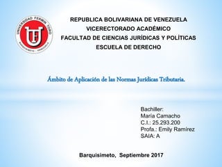 REPUBLICA BOLIVARIANA DE VENEZUELA
VICERECTORADO ACADÉMICO
FACULTAD DE CIENCIAS JURÍDICAS Y POLÍTICAS
ESCUELA DE DERECHO
Barquisimeto, Septiembre 2017
Bachiller:
María Camacho
C.I.: 25.293.200
Profa.: Emily Ramírez
SAIA: A
Ámbito de Aplicación de las Normas Jurídicas Tributaria.
 