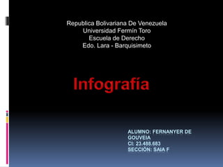 ALUMNO: FERNANYER DE
GOUVEIA
CI: 23.488.683
SECCIÓN: SAIA F
Republica Bolivariana De Venezuela
Universidad Fermín Toro
Escuela de Derecho
Edo. Lara - Barquisimeto
 