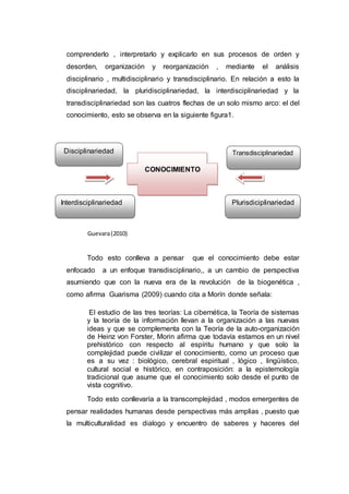 comprenderlo , interpretarlo y explicarlo en sus procesos de orden y
desorden, organización y reorganización , mediante el análisis
disciplinario , multidisciplinario y transdisciplinario. En relación a esto la
disciplinariedad, la pluridisciplinariedad, la interdisciplinariedad y la
transdisciplinariedad son las cuatros flechas de un solo mismo arco: el del
conocimiento, esto se observa en la siguiente figura1.
Guevara(2010)
Todo esto conlleva a pensar que el conocimiento debe estar
enfocado a un enfoque transdisciplinario,, a un cambio de perspectiva
asumiendo que con la nueva era de la revolución de la biogenética ,
como afirma Guarisma (2009) cuando cita a Morín donde señala:
El estudio de las tres teorías: La cibernética, la Teoría de sistemas
y la teoría de la información llevan a la organización a las nuevas
ideas y que se complementa con la Teoría de la auto-organización
de Heinz von Forster, Morin afirma que todavía estamos en un nivel
prehistórico con respecto al espíritu humano y que solo la
complejidad puede civilizar el conocimiento, como un proceso que
es a su vez : biológico, cerebral espiritual , lógico , lingüístico,
cultural social e histórico, en contraposición: a la epistemología
tradicional que asume que el conocimiento solo desde el punto de
vista cognitivo.
Todo esto conllevaría a la transcomplejidad , modos emergentes de
pensar realidades humanas desde perspectivas más amplias , puesto que
la multiculturalidad es dialogo y encuentro de saberes y haceres del
Disciplinariedad Transdisciplinariedad
Interdisciplinariedad Plurisdiciplinariedad
CONOCIMIENTO
 