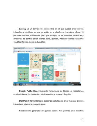 Easel.ly Es un servicio de acceso libre en el que puedes crear nuevas 
infografías o modificar las que ya están en la plataforma. La página ofrece 15 
plantillas sencillas y diferentes, pero que no dejan de ser creativas, dinámicas y 
atractivas. Te permite editar colores, texto, gráficos, introducir íconos y añadir o 
modificar formas dentro de tu gráfico. 
Google Public Data interesante herramienta de Google si necesitamos 
17 
mostrar información de dominio público dentro de nuestra infografía. 
Stat Planet Herramienta de descarga gratuita para crear mapas y gráficos 
interactivos totalmente customizables. 
Hohli sencillo generador de gráficos online. Nos permite crear nuestros 
 